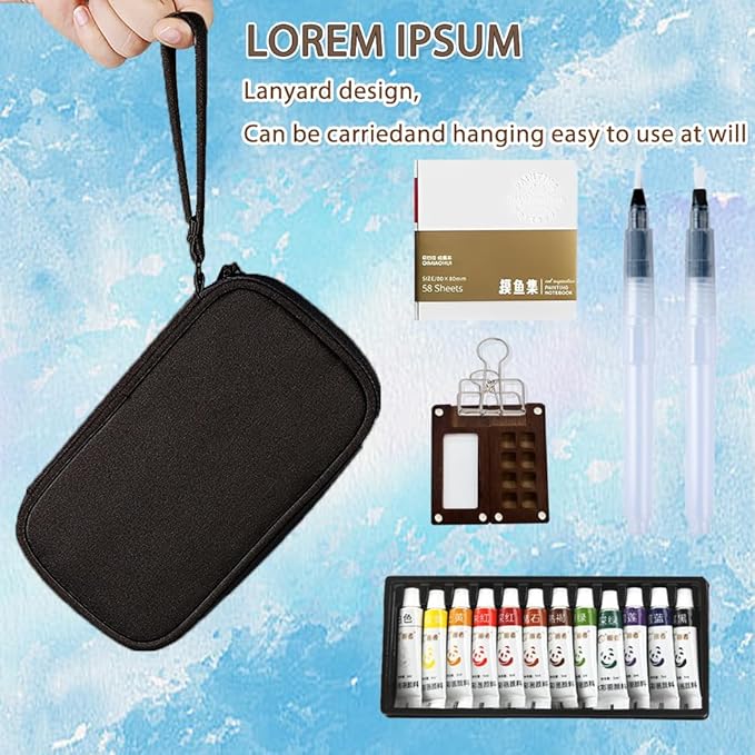 Watercolor Paint Set with Storage Bag Mini Watercolor Paint Kit for Travel Pocket Watercolor Set with 12 Colors Watercolor Painting Art Supplies with Easy Clean Wood palette Unique Creative Gift for Teens,Adults
