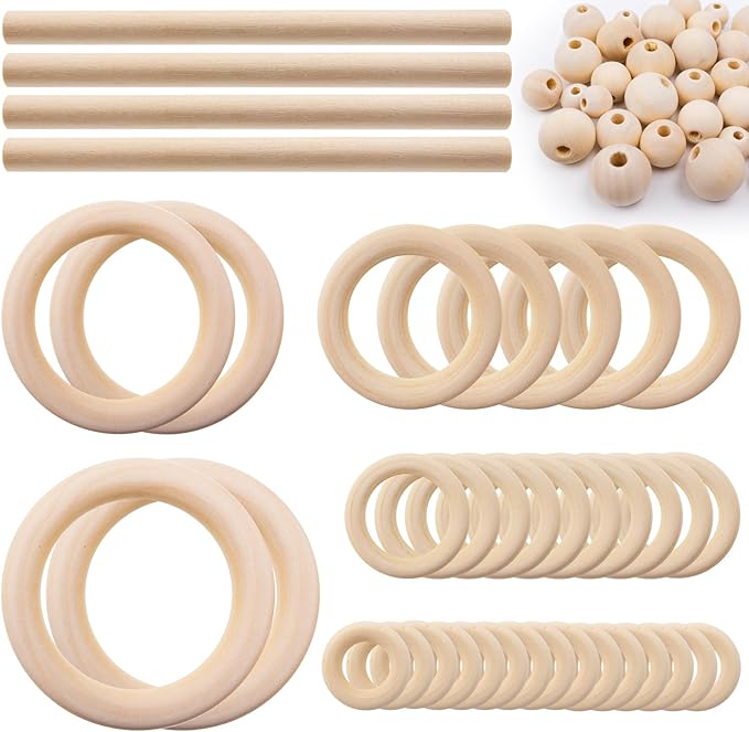 93 Pcs Macrame Kit Includes 4pcs Macrame Wooden Sticks 34pcs Wooden Rings Circles 55pcs Wood Beads Unfinished Wood Rings Beads Sticks for Macrame Wall Hanging Craft DIY Plant Hangers Crafts Knitting