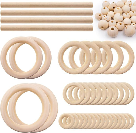93 Pcs Macrame Kit Includes 4pcs Macrame Wooden Sticks 34pcs Wooden Rings Circles 55pcs Wood Beads Unfinished Wood Rings Beads Sticks for Macrame Wall Hanging Craft DIY Plant Hangers Crafts Knitting