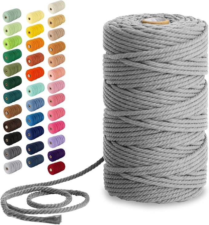 Nook Theory Macrame Cord - 4mm 109 Yards Cotton Rope, 3mm 5mm Yarn, String for Crafts, Perfect for Macrame Wall Hanging and Boho Decorations (Light Gray)