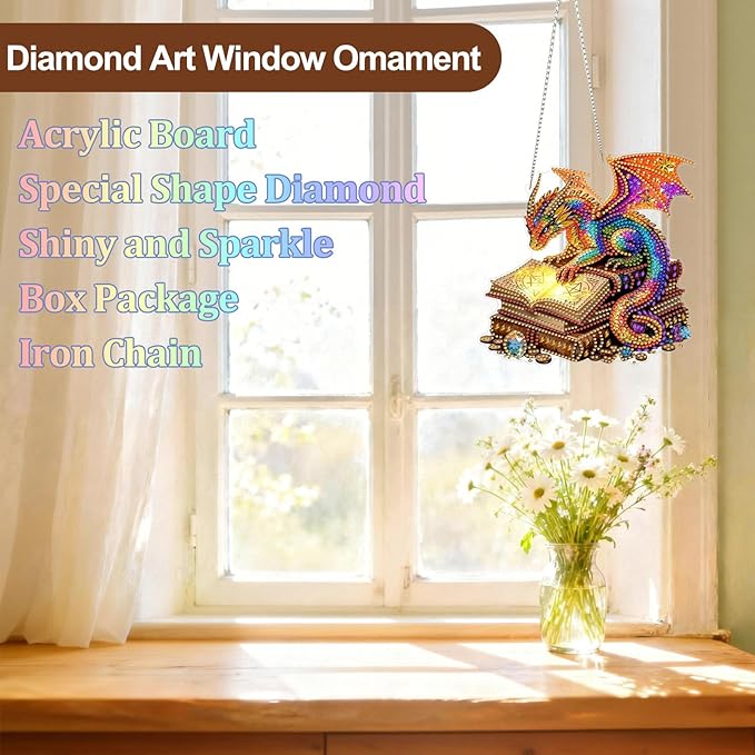 CEOVR Dragon Hanging Diamond Art for Adults, Dragon Book Diamond Painting Pendant DIY Gem Art Wall Hanging Ornament, Acrylic Home Garden Decor with Chain, Box Kit 7.87×7.63inch