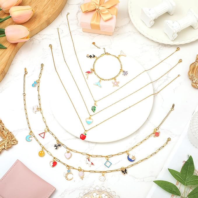 Tondiamo 207 Pcs Jewelry Making Kit DIY Bracelet, Necklace, Ring Set Bangle Charm Bracelet Making Kit with 100 Charms 100 Jump Rings and Tools for Women Beginner Arts and Craft Gift(Cute)
