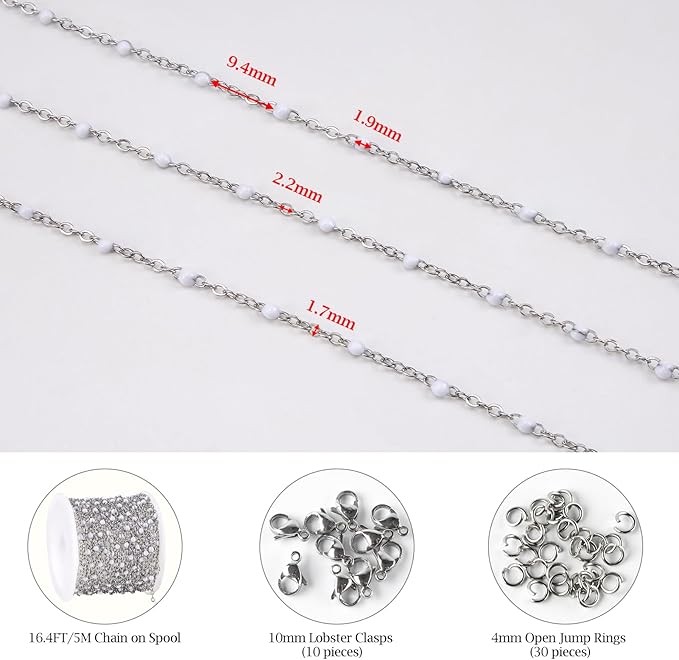 5 Meters Long Stainless Steel Silver Chains for Jewelry Making White Beaded Decorative Jewelry Bulk Small Enamel Chain Spool with Connectors for Women Men DIY Crafts