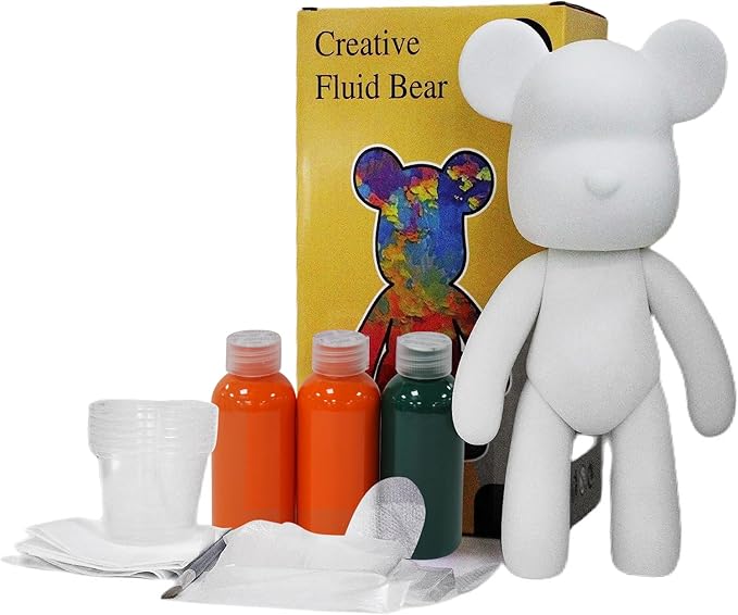 HANDA DIY Painting Fluid Bear Teddy Bear Violent Bear Gloomy Bear Painting Kit Set Creative Home Decorations Handmade Doll Figurine Toys Gift for Birthday Valentines (13.4 inch, Orange+Green)