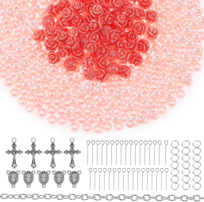 OEMOO 1410PCS Rosary Jewelry Making Kit Rosary Prayer Making Supplies Carved Rose Beads Cross Centerpiece Crucifix Medal, Silver Jesus Maria Pendant for Rosary Bracelet Necklace Jewelry (Pink)