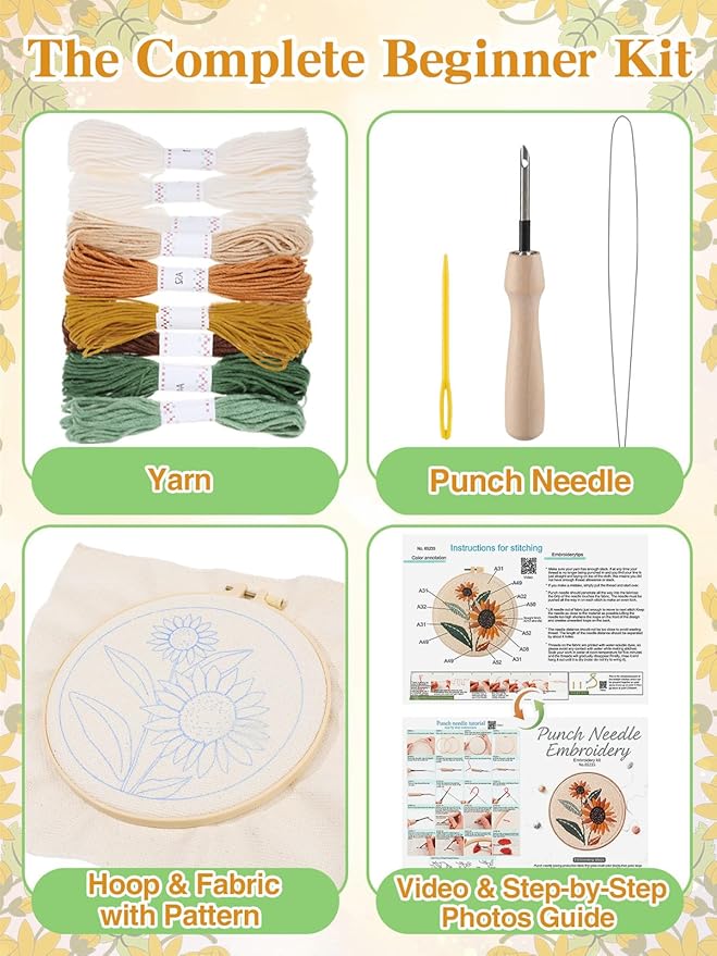 Punch Needle Kit Adults Beginner- Step-by-Step Guide & Video, Including Punch Needle Fabric with Pattern/Hoop/Needle/Yarns, Spring Embroidery Craft Kits, Easy Hobby Gifts for Women, Sunflower