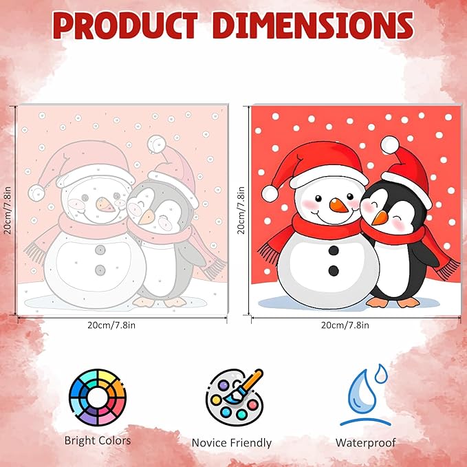 DOMROM 4 Pack Framed Paint by Numbers Penguin for Kids Beginners, Adult Paint by Number Kits Santa on Canvas, Acrylic Number Painting Christmas Craft Kits for Gift Home Decor 8x8in