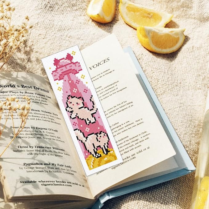 ORIGACH 6 Pcs Cross Stitch Bookmark Kit for Beginner Adults, Cute Cats in Outer Space Stamped Embroidery Bookmark Kit with Instruction for Starters Printed Cross Stitch DIY Kits for Book Lovers