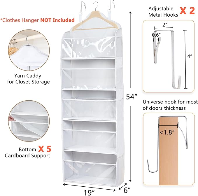 MYBAGZING Hanging Yarn Storage Organizer with Zipper Pockets, 5 Tiers Over the Door & Closet Yarn Holder, Large Crochet & Knitting Organizer with Side Pockets for Hooks, Needles & Accessories