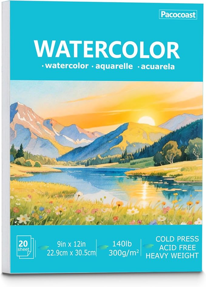 Pacocoast Watercolor Paper, 9"X12" Cold Press Water Color Paper Pad, (300gsm/140lb) Artist Sketchbook for Acrylic, Gouache & Pencil. Painting Drawing Paper Book, Art Supplies for Adults, Teal