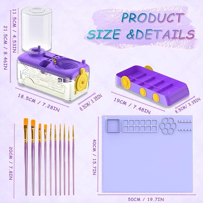 Paint Brush Cleaning Kit for Kids with 5 Brushes, Art Smock, Washable Mat, Guidebook, Spiral Brush Cleaner Jar for Watercolor(Purple)