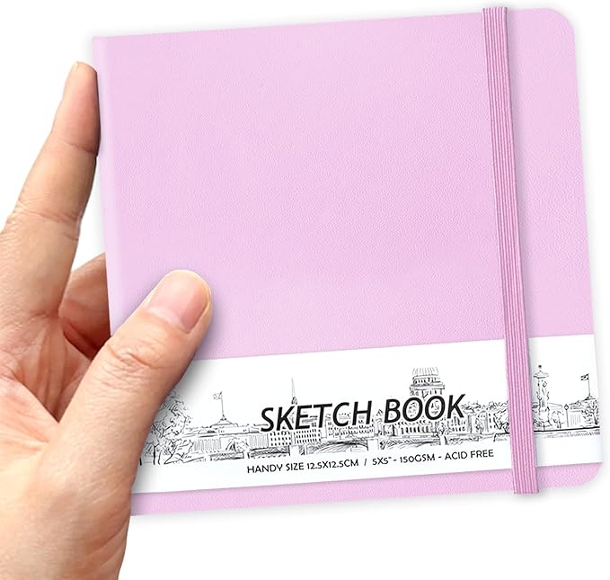 5" x 5" Hardcover Sketch Book,Small Mixed Media Sketch Pad,58 Sheets 150GSM Acid-Free Artist Drawing Paper,Travel Journal Blank Notebook for Adults Painting,Illustration,Art Supplies.Purple Pink