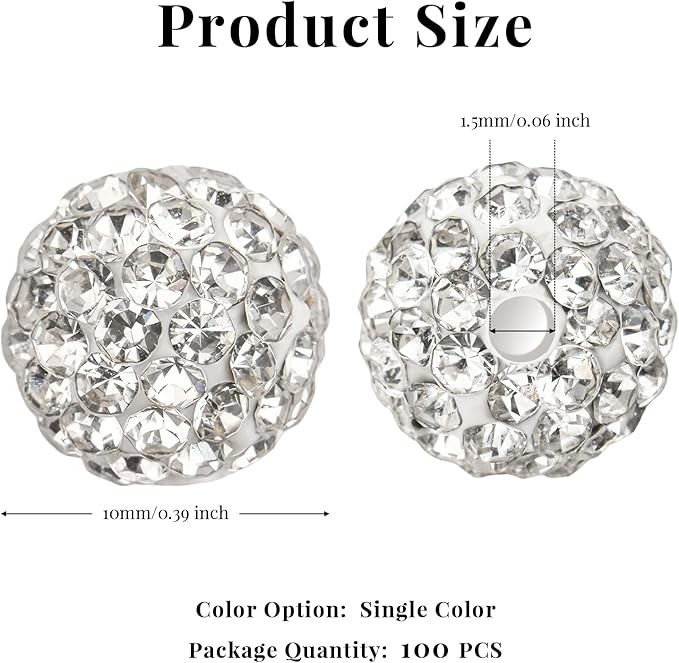 100Pcs 10mm White Rhinestone Beads for Jewelry Making, Shiny Round Disco Ball Sparkly Beads Bulk with 10-Grid Storage Box for DIY Baseball Necklaces Shamballa Bracelets