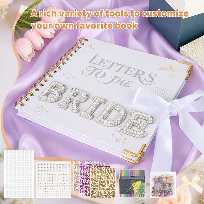 SnowCow 452 PCS Letters to The Bride Scrapbook Kit, 8.3 x 8.3 Inch Wedding Memory Book with Pen, Pearl Stickers, Metallic Letters, Bows for Bridal Shower Guest Book DIY