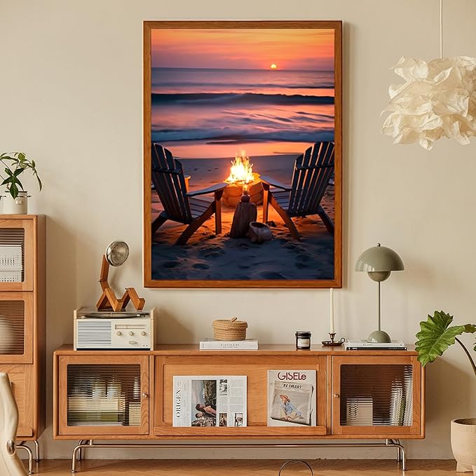Fountor Sunset Diamond Art Kits for Adults, Beach Landscape Diamond Painting Kit for Adults Beginners, 5D DIY Campfire Diamond Painting with Round Gem Art Kits for Home Wall Decor 12x16 Inch