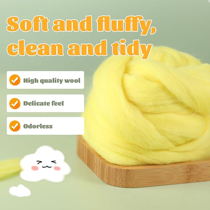 3.53oz Wool Roving, Fiber Roving Wool Top, Needle Felting Supplies, Pure Wools, Chunky Yarn, Spinning Wools for Needle Felting Wet DIY Hand Spinning (Light Yellow)