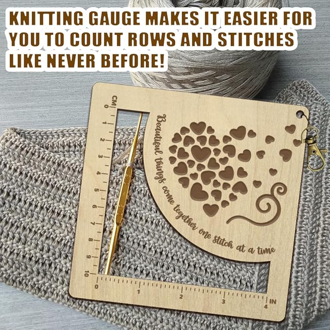 arricraft Wooden Knitting Needle Gauge, Pooled Love Pattern Spinning Control Card Cm and Inch Size Marked Hollow Crochet Ruler with Hole for Crochet Accessories