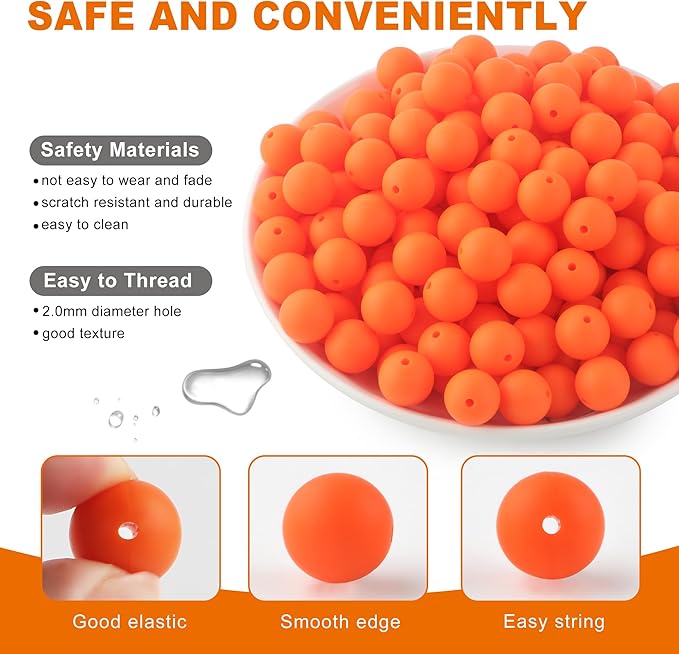 150Pcs 15mm Silicone Beads for Keychain Making Bracelet Necklace, Bulk Round Silicone Beads for Pens(Orange)