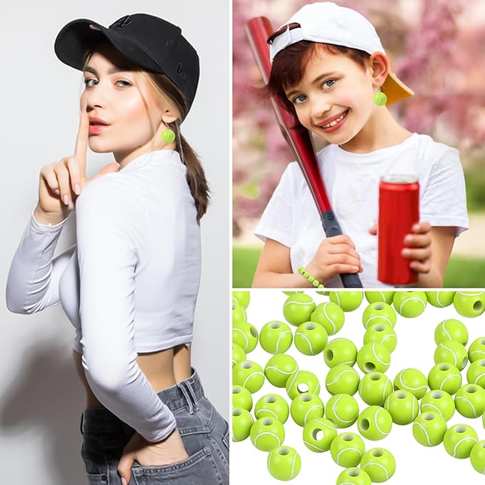 100pcs Tennis Beads with 5.5 Yard Elastic Rope,Acrylic Sports Beads DIY Spacer Bead for Necklace Bracelet Keychains Handmade Jewelry Making Accessories Craft Supplies,12mm(Tennis)