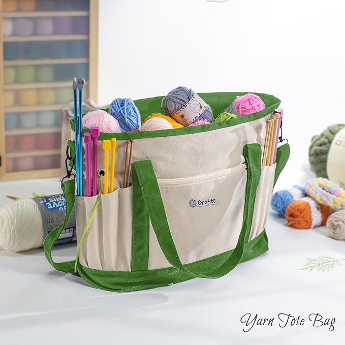 Canvas Yarn Storage Organizer Bag Washable Crochet Bag with Pockets for Yarn, Hooks, Needles – Travel Knitting Tote for Crafters – Gift for Crocheters & Knitters (Medium/Large)