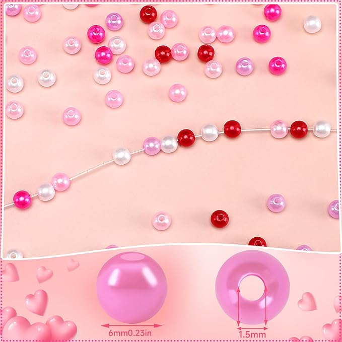 UPINS 1200Pcs Valentines Day Pearl Beads,Red Pink White Beads for Jewelry Making Bracelets 6mm Wedding Party Decoration Necklace Earrings Hair Beads DIY Crafts Supplies