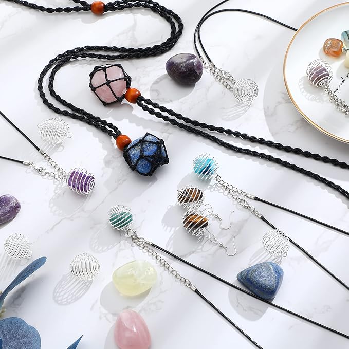 Shappy 66 Pieces Crystal Necklace Holder Empty Stone Holder Spiral Bead Cages Pendants with Adjustable Cord Fish Netted Rope Black Waxed Necklace Cord for Rock Jewelry Making Crafting Finding