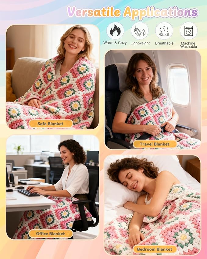 Coopay 3D Blanket Crochet Kit for Beginners, All-in-One Granny Square Blanket Kit with Step-by-Step Video & Enough Yarns - Master 3D Granny Square Crocheting Easily, Ideal Gift for Craft Lovers (Pink)