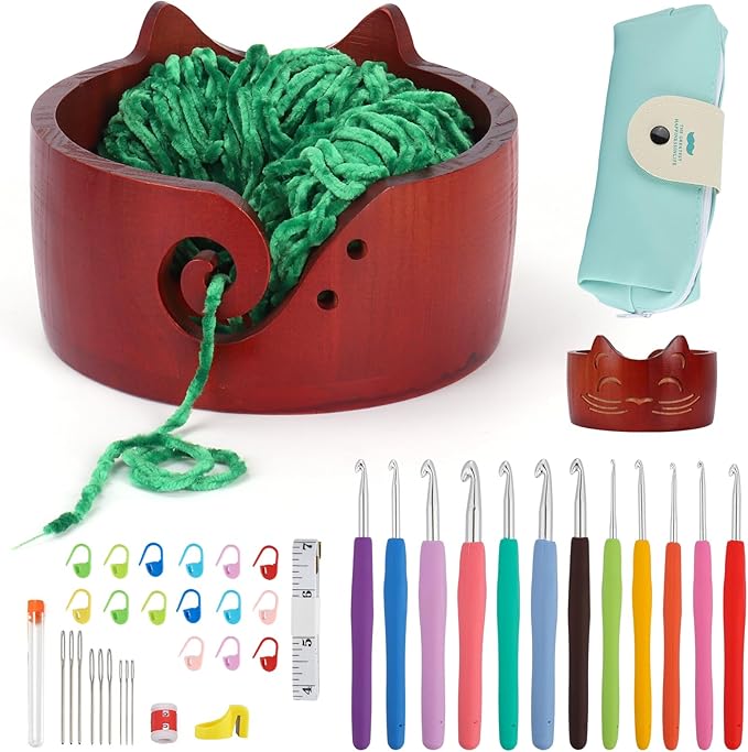XIEJ Cat Yarn Holder Set, 7 X 4inch Wooden Cat Yarn Bowl for Crocheting, Knitting Bowl with Crochet Hooks Knitting Tools for Crocheters Knitters Craft（Vintage Color）