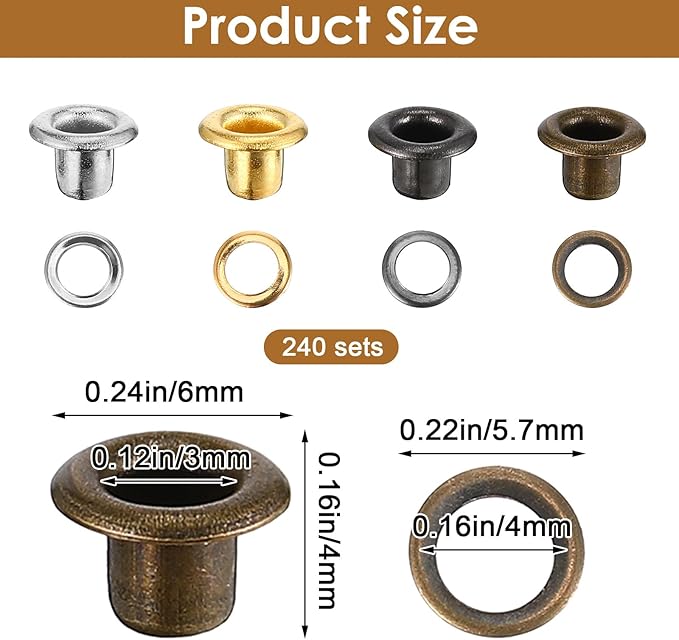 LXUEJIE 240 Sets 3mm Metal Eyelets, 4 Colors Eyelets and Grommets Kit for Paper Crafts Round Small Eyelet with Washers for Scrapbooking Card Making Fabric Leather Craft Shoes Clothes