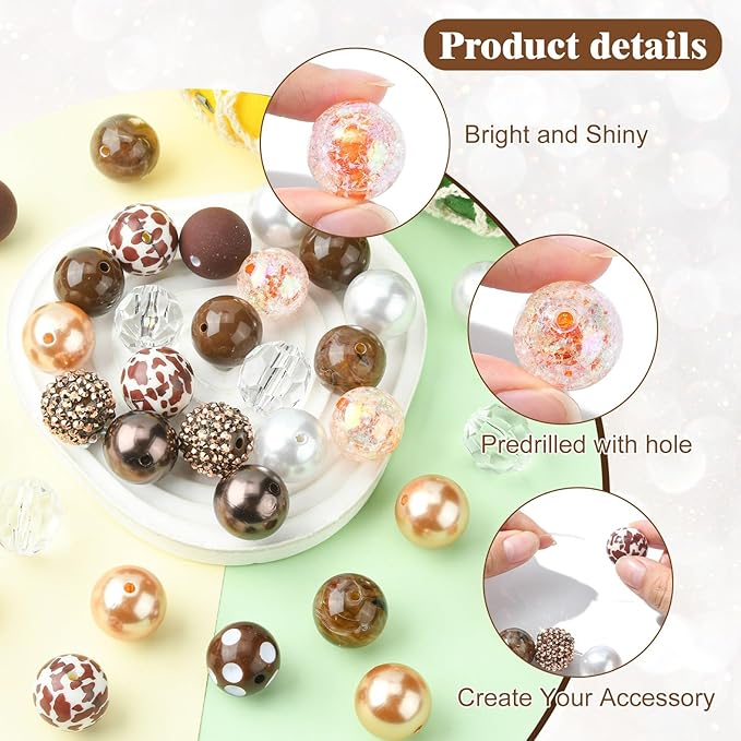 Ipotkitt 50 Pcs/Set Coconut Brown Leopard Print Beads Bracelet Bead Kit with Chain Clasp Candy Color Acrylic Round Spacer Beads for Jewelry Making