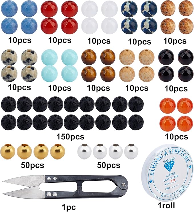 SUNNYCLUE 1 Box Solar System Planet Bead Natural Gemstone Beads 6mm Bulk Multilayer Beading Bracelet Making Kit Lava Rock Loose for Jewelry Making Universe Galaxy Sewing Scissors