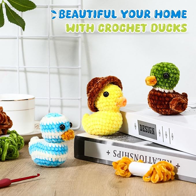 XunYee 3 Pcs Little Ducks Crochet Kit DIY Amigurumi Set Chenille Yarn Crochet Kit for Beginners with Complete Tools Step-by-Step Pattern Craft Gift for Adults
