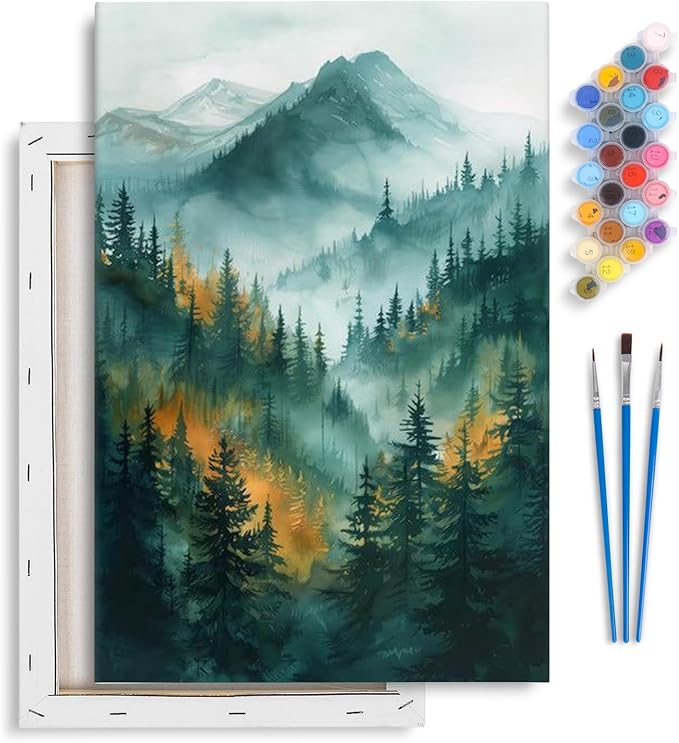 Yezavesu Framed Paint by Numbers Kit for Adults Beginner & Kids Ages 8-12, Mountain Paint by Numbers with Frame, DIY Number Painting for Adults Watercolor Forest for Home Wall Decor Gift 8X 12 inch