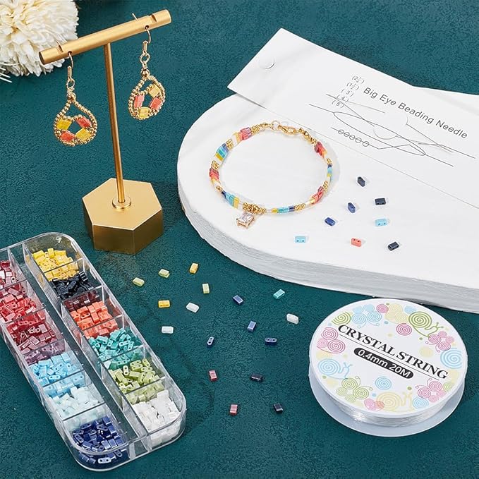 NBEADS 2-Hole Beads Bracelet Making Kit, Including 11 Colors 2-Hole Rectangle Glass Seed Beads, Big Eye Beading Needles, Elastic Thread for Bracelet Necklace Earring Jewelry Making