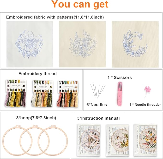 Myfelicity Embroidery kit for Adults, 3-Piece Bee and Butterfly Floral Designs, Including Tools Handmade Embroidery Hoop Art Set (Yellow)