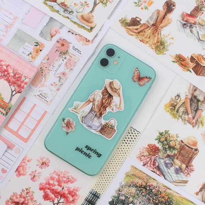Pre-Cut Picnic Time Scenery Women Sticker Book for Journaling, 20 Sheets A5 PET Washi Paper Materials Stickers for Scrapbooking, Junk Journal Supplies, Planner, Collage
