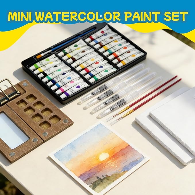Mini Set, Mini Travel Kit with Wood Palette, Brush & Sketchbook - Portable Art Kit for Artists & Students