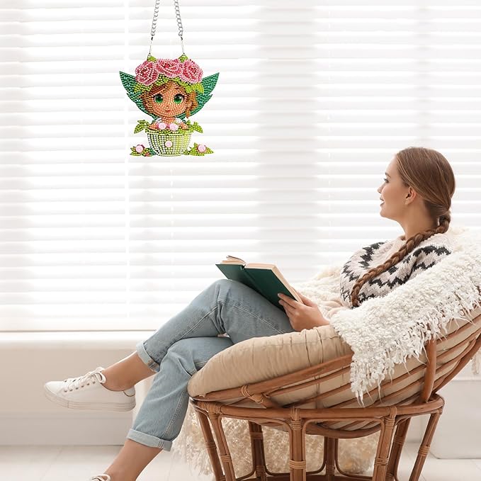 AiYuanzsh DIY Girl in Teacup Diamond Art Hanging Kit, Acrylic Crystal Stained Glass Diamond Painting Pendant with Chain for Home Wall Decor Ornament Gift for Adults