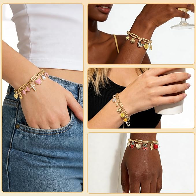 HejVulkan 416 PCS Gold Charm Bracelet Making Kit with Paperclip Chain Bracelets, 153+ Enamel & Gold Charms, Make Your Own Charm Bracelet Kit, Easy Charm Bracelet Making Kit for Women
