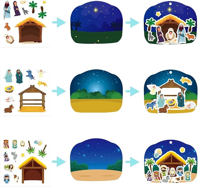 christmas nativity craft kit for kids, make a nativity scene hanging ornament sticker kit, jesus birth stickers, christian religious bible scene party favor home classroom activity(24 sets)