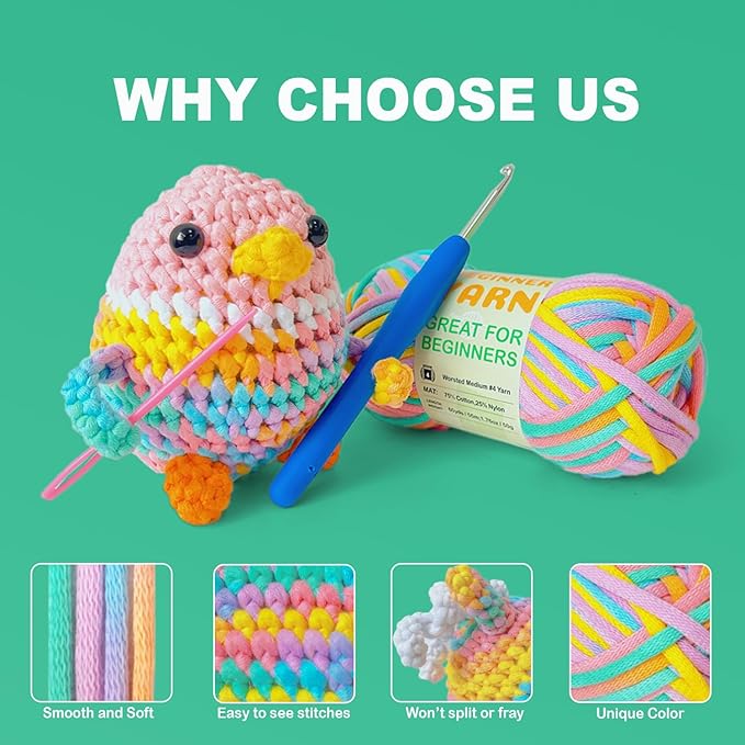 3 * 50g/1.76oz Yarn for Crocheting and Knitting, 3 * 60yds Beginner Yarn with Easy-to-See Stitches; Worsted-Weight Medium #4;Amigurumi-Friendly Crochet Kit(Petal+Blue+Merry Pink)