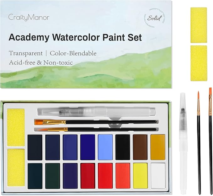 16 Colors Large Block Watercolor Paint Set for Watercolors Workbook, Portable Water Colors Paint Kit with 2 Paintbrushes 1 Waterbrush, for Adult Painting Beginners & Professional Amateur Hobbyists (Classic 16 Colors)