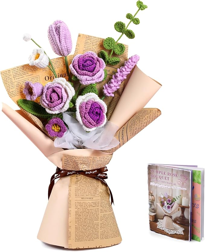 Kogyxe Crochet Kit for Beginners, Purple Rose Crochet Flowers for Adults with Step-by-Step Video Tutorials, DIY Crochet Bouquet Kits Knitting Supplies Include Floral Wire, Newspaper