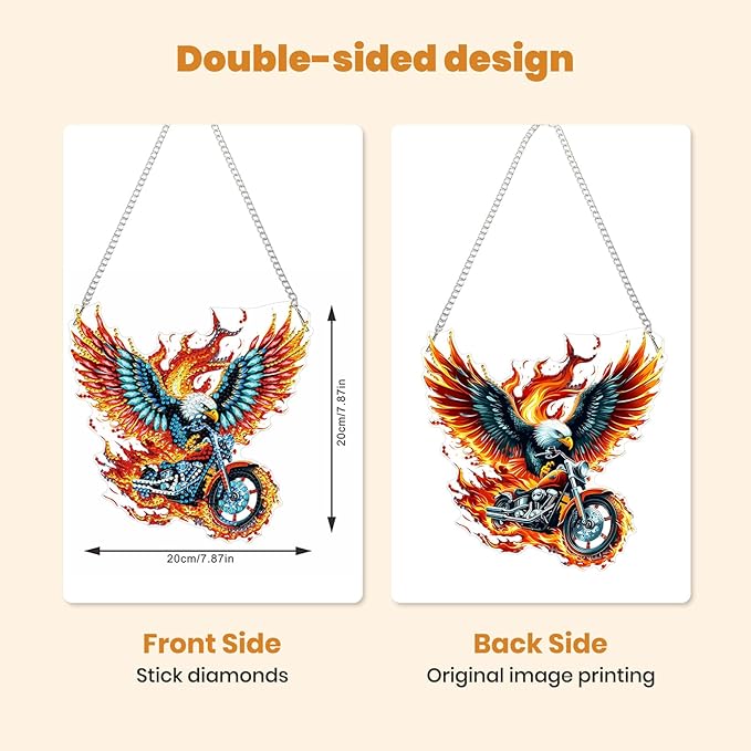 MXJSUA Eagle Motorcycle Diamond Painting Art Window Suncatchers, Diamond Art Kits for Adults Hanging Ornaments with Chain, 5D Special Shape Crystal Diamond Pendant Accessories for Decor Gift