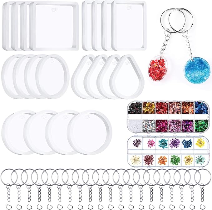 WILLBOND 67 Pieces Resin Keychain Mold Set, Jewelry Pendant DIY Epoxy Casting Mold with Keychain Rings, Dried Flower and Round Sequins for DIY Craft Making Supplies
