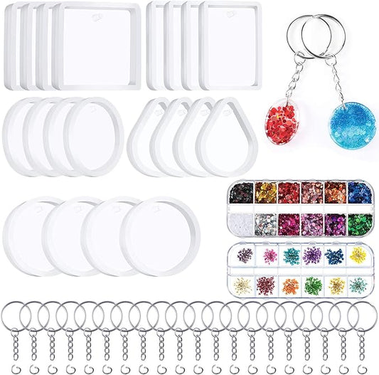 WILLBOND 67 Pieces Resin Keychain Mold Set, Jewelry Pendant DIY Epoxy Casting Mold with Keychain Rings, Dried Flower and Round Sequins for DIY Craft Making Supplies