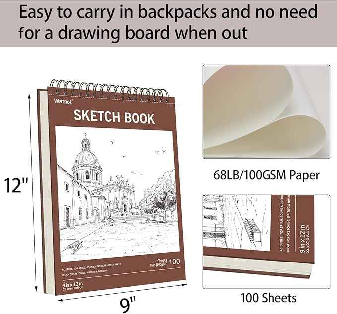 9" x 12" Hard Cover Sketch Book, Top Spiral Bound Sketch Pad, 100 Sheets 68lb/100gsm Drawing Paper, 1 Pack