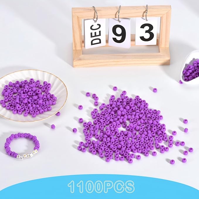 sunrica 1100pcs purple pony beads 6x9mm large hole plastic beads for kandi, hair braids, necklaces, friendship bracelets