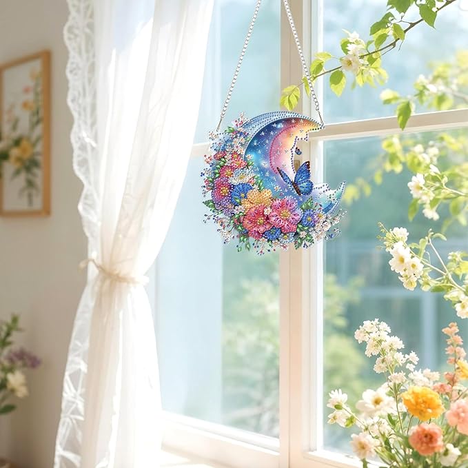 Lxmsja DIY Colorful Moon Diamond Painting Hanging Ornament, Double-Sided Acrylic Butterfly Diamond Art Kit, Special Shaped Suncatcher Hanging Pendant Window Art Kit