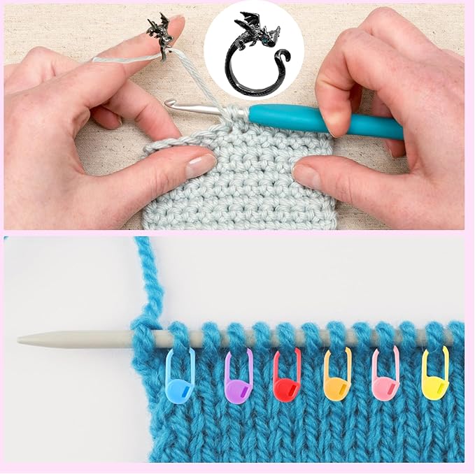 LBU 5Pcs Dragon Crochet Ring + 100Pcs Stitch Markers Adjustable Crochet Tension Rings for Finger Handmade Yarn Guide Crocheting Rings Knitting Accessories with Box Crochet Gifts for Crocheters Women